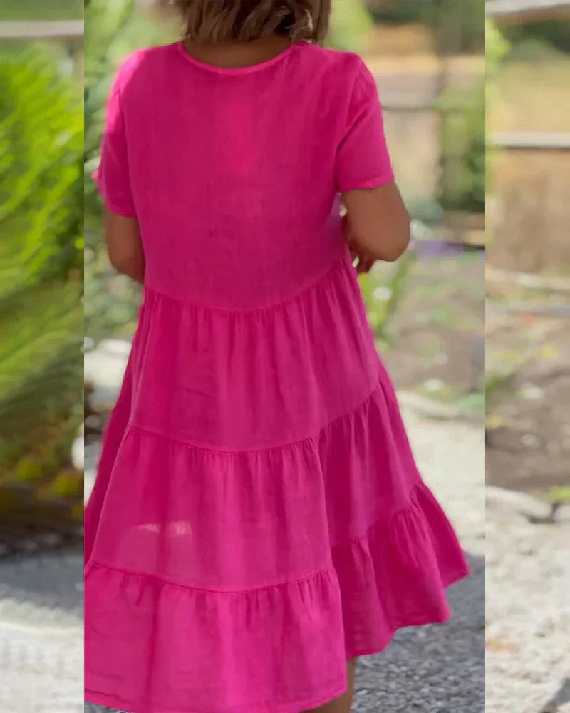 "Robe mi-longue en coton et lin, décolleté en V, élégante, bleu, marron, rose, idéale pour l'été et toutes occasions."