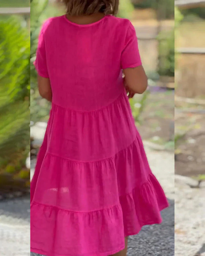 "Robe mi-longue en coton et lin, décolleté en V, élégante, bleu, marron, rose, idéale pour l'été et toutes occasions."
