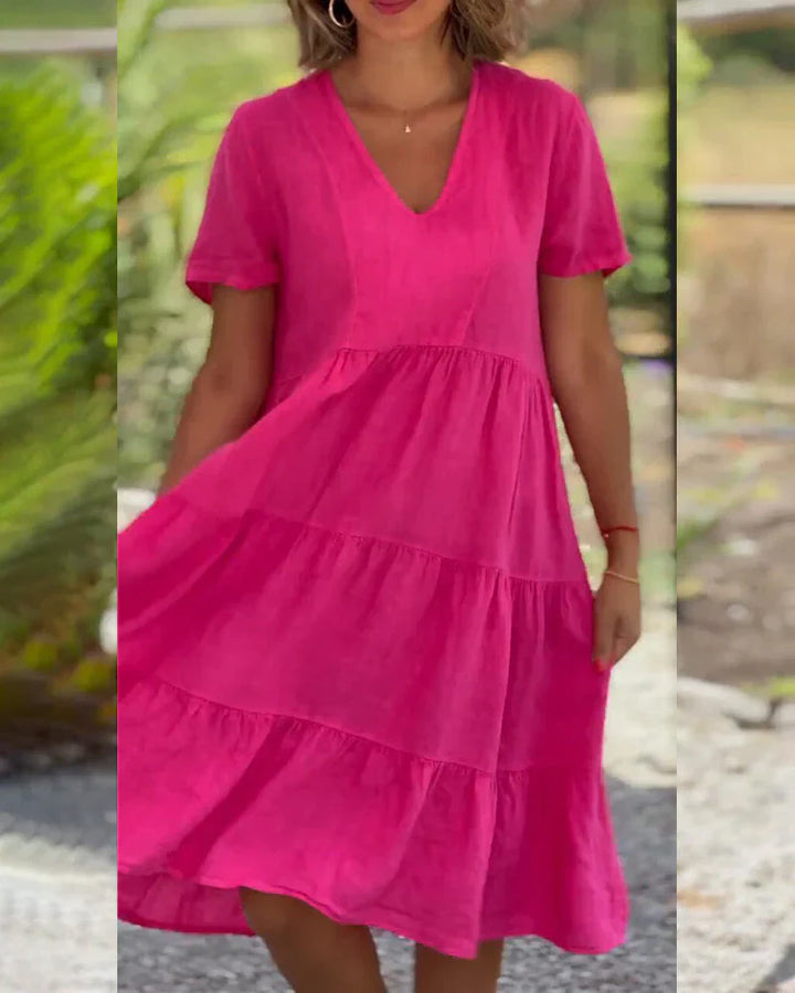 "Robe mi-longue en coton et lin, décolleté en V, élégante, bleu, marron, rose, idéale pour l'été et toutes occasions."