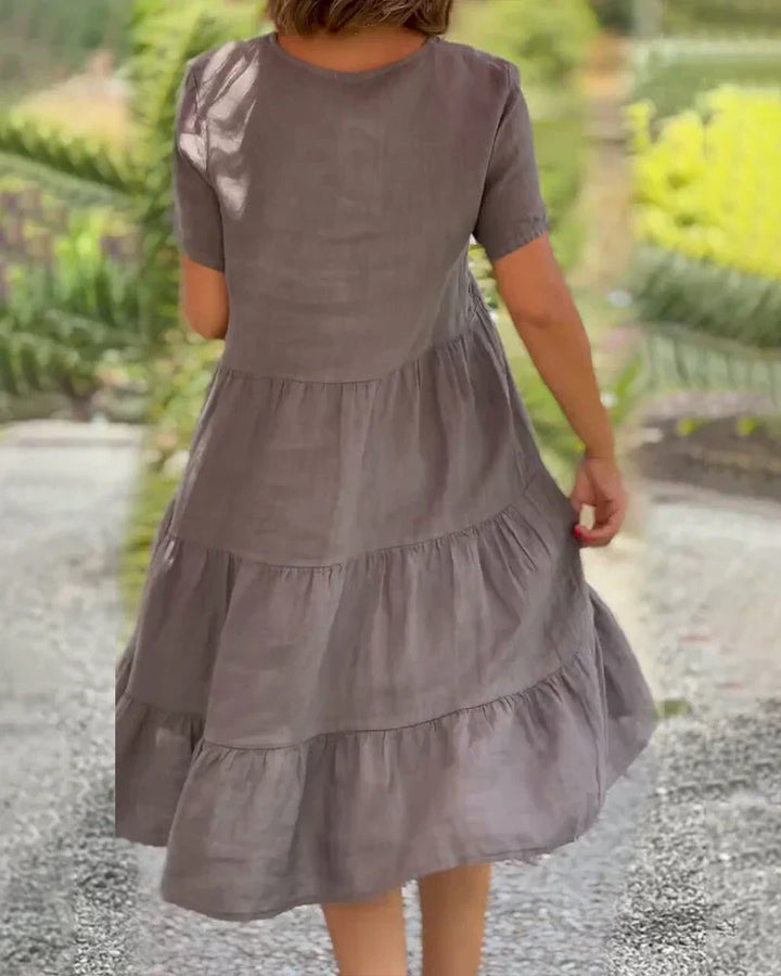 "Robe mi-longue en coton et lin, décolleté en V, élégante, bleu, marron, rose, idéale pour l'été et toutes occasions."