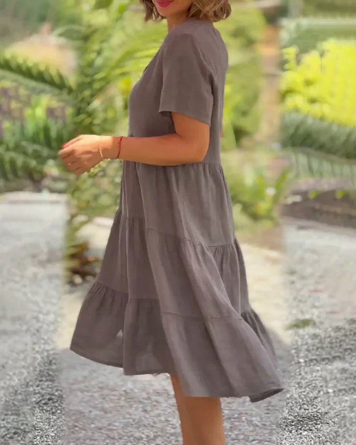 "Robe mi-longue en coton et lin, décolleté en V, élégante, bleu, marron, rose, idéale pour l'été et toutes occasions."