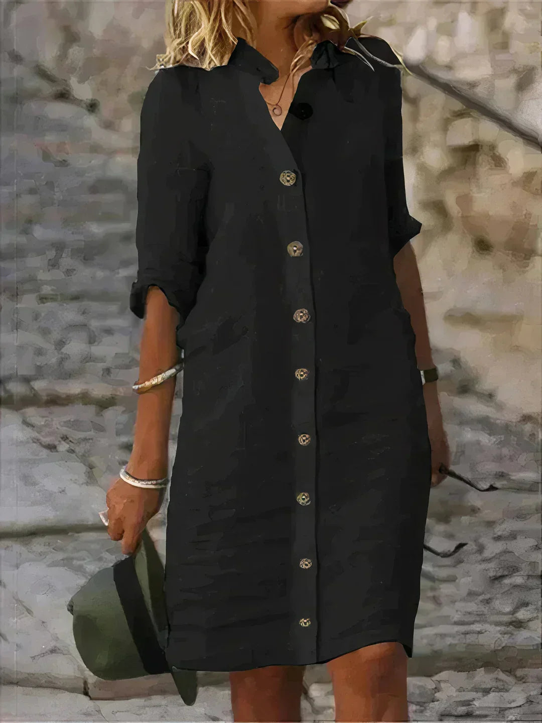 "Robe mi-longue en lin léger, style décontracté et élégant, idéale pour l'été, fluide, ample et respirante."
