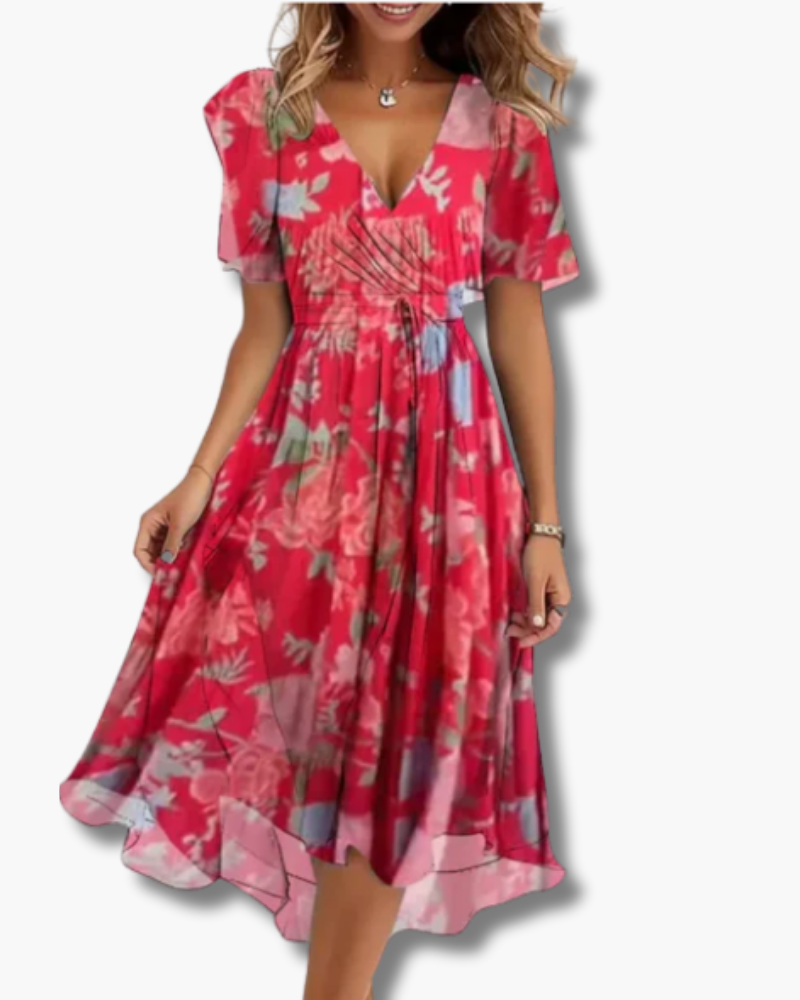 "Robe mi-longue fluide pour femme, col en V, tissu léger, idéale pour l'été, couleurs rose et vert, élégance chic."