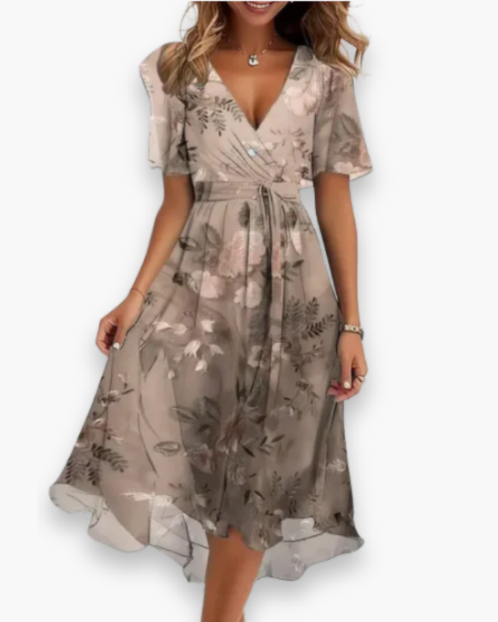 "Robe mi-longue fluide pour femme, col en V, tissu léger, idéale pour l'été, couleurs rose et vert, élégance chic."