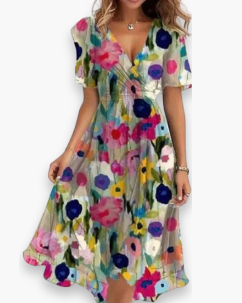 "Robe mi-longue fluide pour femme, col en V, tissu léger, idéale pour l'été, couleurs rose et vert, élégance chic."
