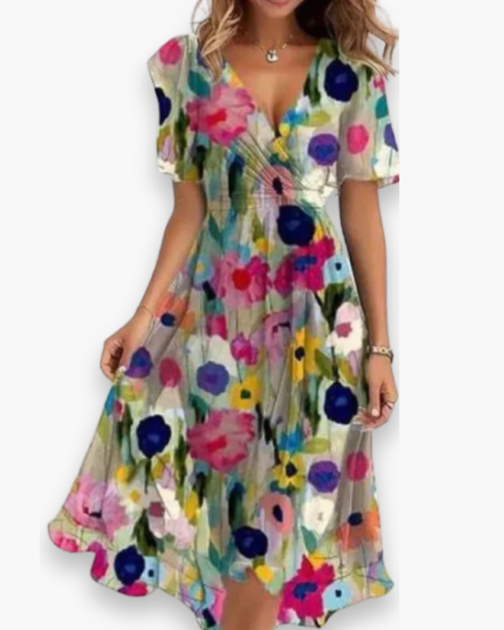 "Robe mi-longue fluide pour femme, col en V, tissu léger, idéale pour l'été, couleurs rose et vert, élégance chic."
