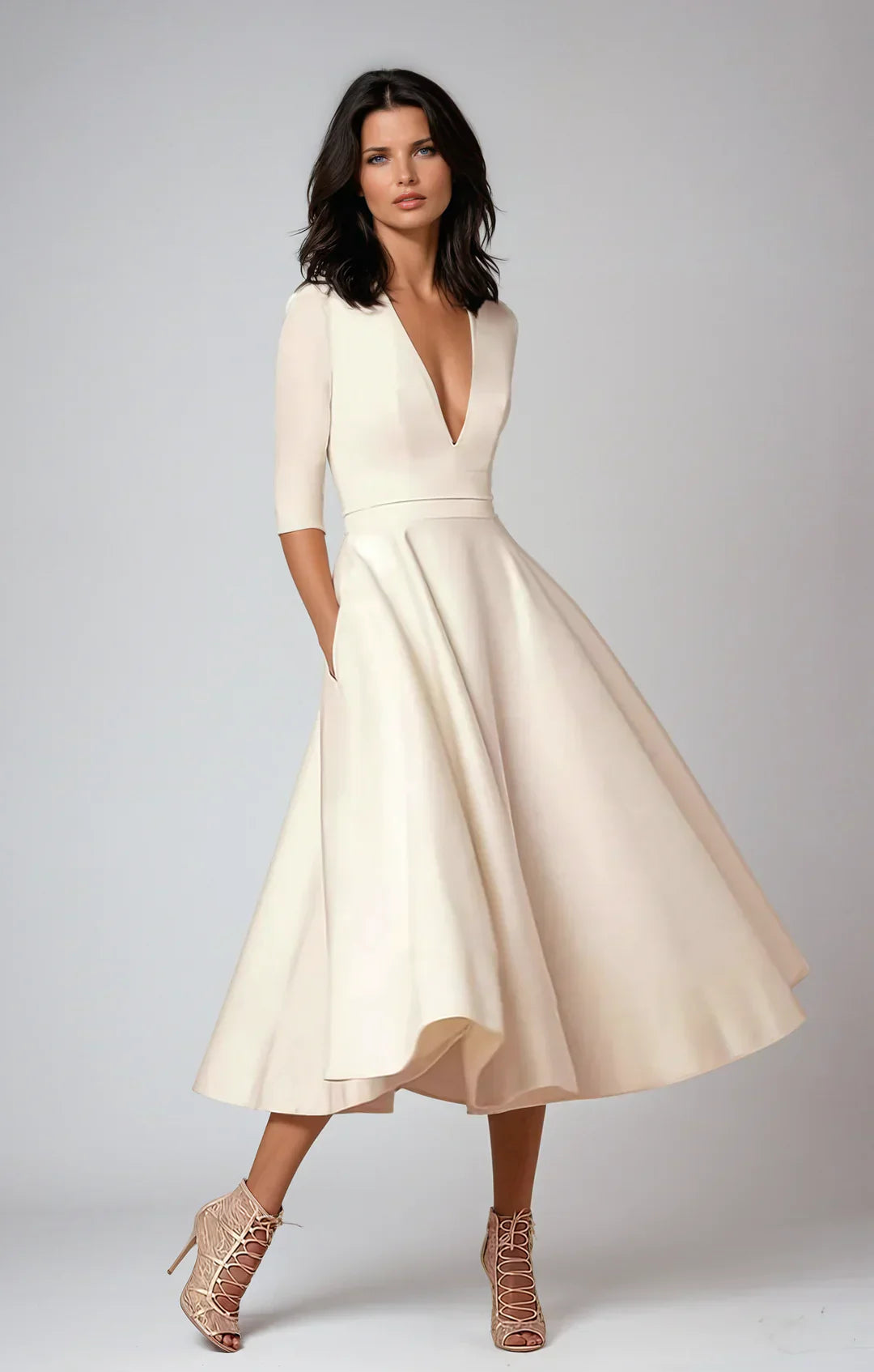 Robe midi A-ligne élégante, décolleté V, tissu luxueux.  Coupe flatteuse et confortable.