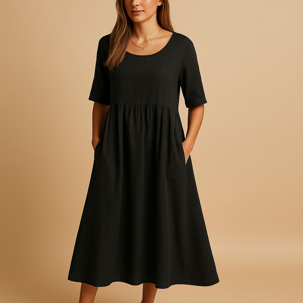 Vêtement femme: robe midi ample à col rond avec poches. Confortable et tendance pour un style décontracté chic.