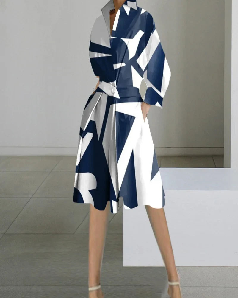 "Robe midi blanche Élégante col V manches longues poches pour femme"