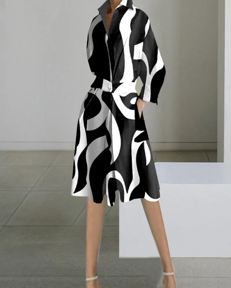 "Robe midi blanche Élégante col V manches longues poches pour femme"