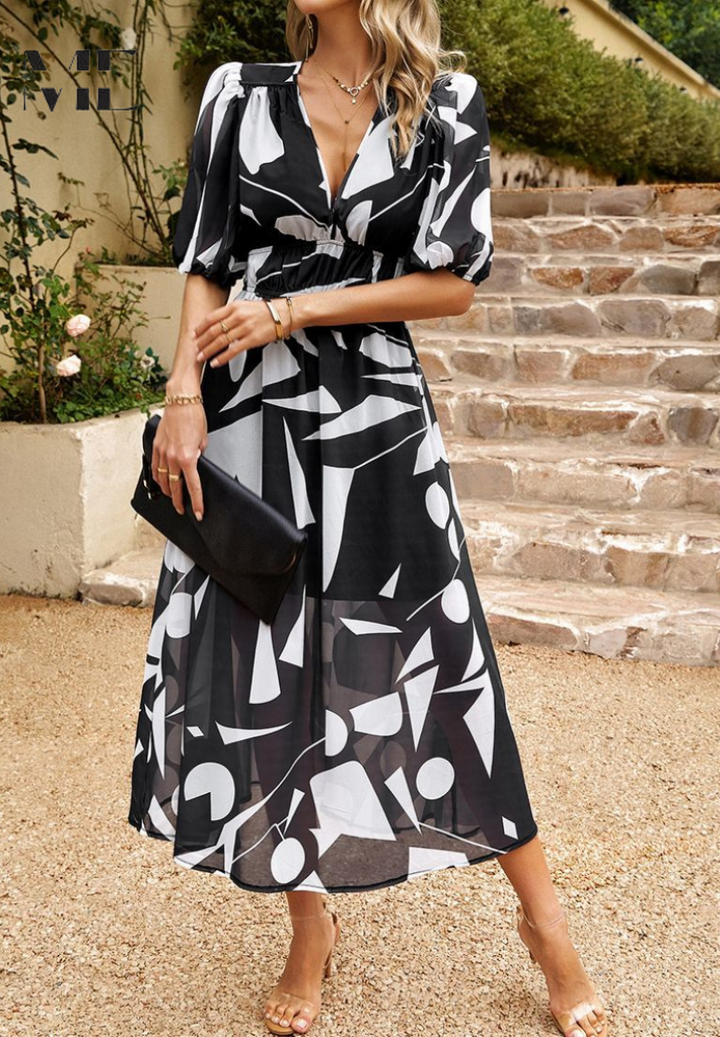 Robe élégante femme style bohème, imprimé abstrait, col V, parfaite pour la journée.