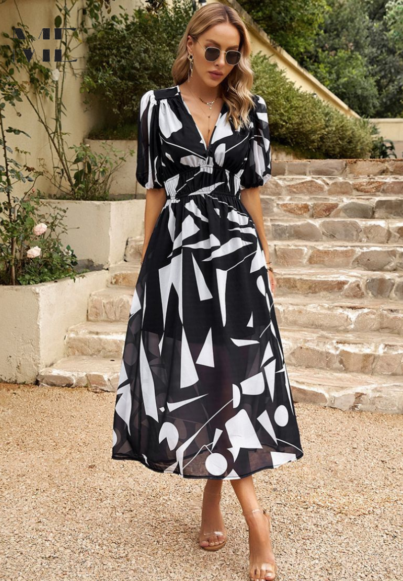 Robe midi bohème femme décontractée et élégante, imprimé abstrait, col V.