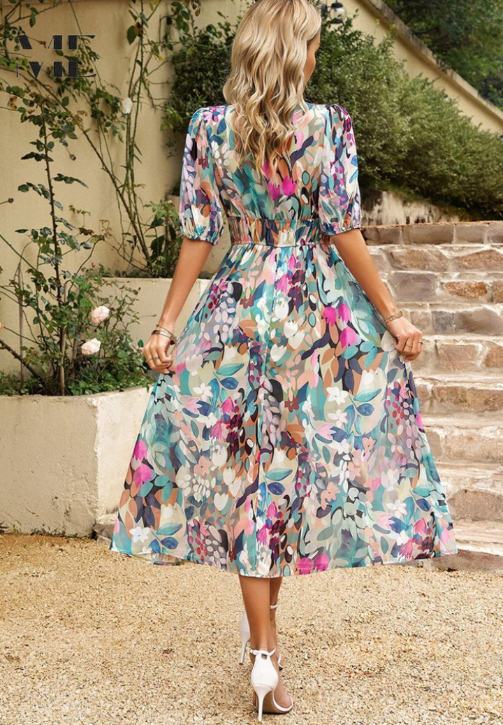 Robe midi bohème femme décontractée avec motif abstrait unique et col V.