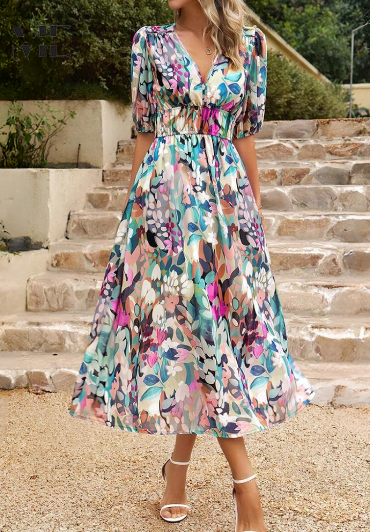 Élégante robe midi femme à imprimé abstrait, col V, idéale pour l'été.