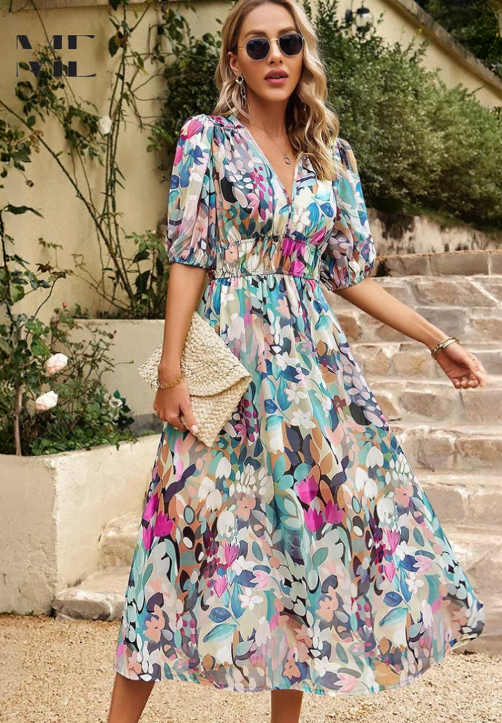 Robe bohème fluide femme avec ceinture ajustable, imprimé abstrait et col V.