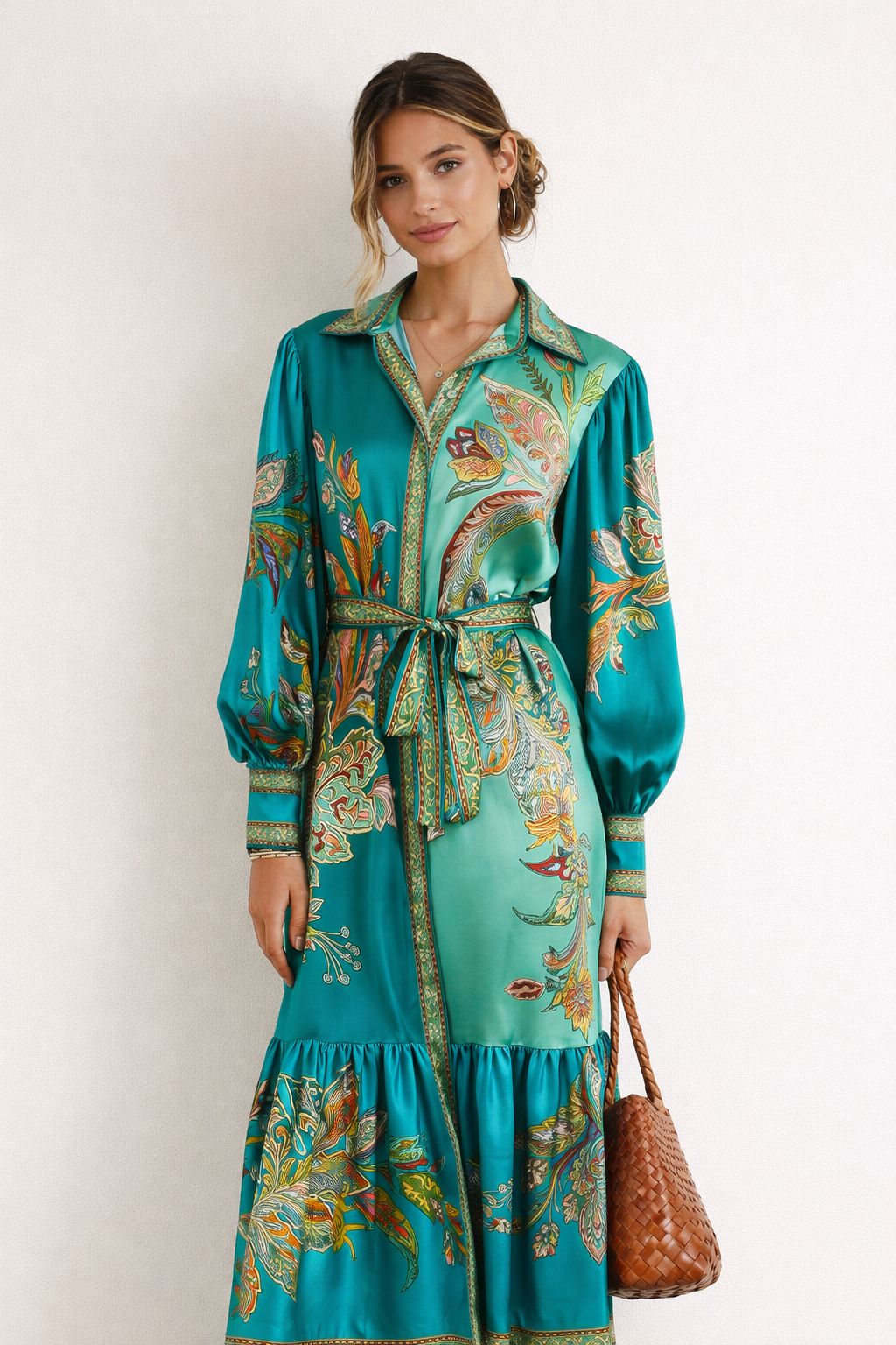 Robe midi bohème fluide pour femme, imprimé floral, manches longues, col chemise. Idéale pour printemps/été chic et décontracté.