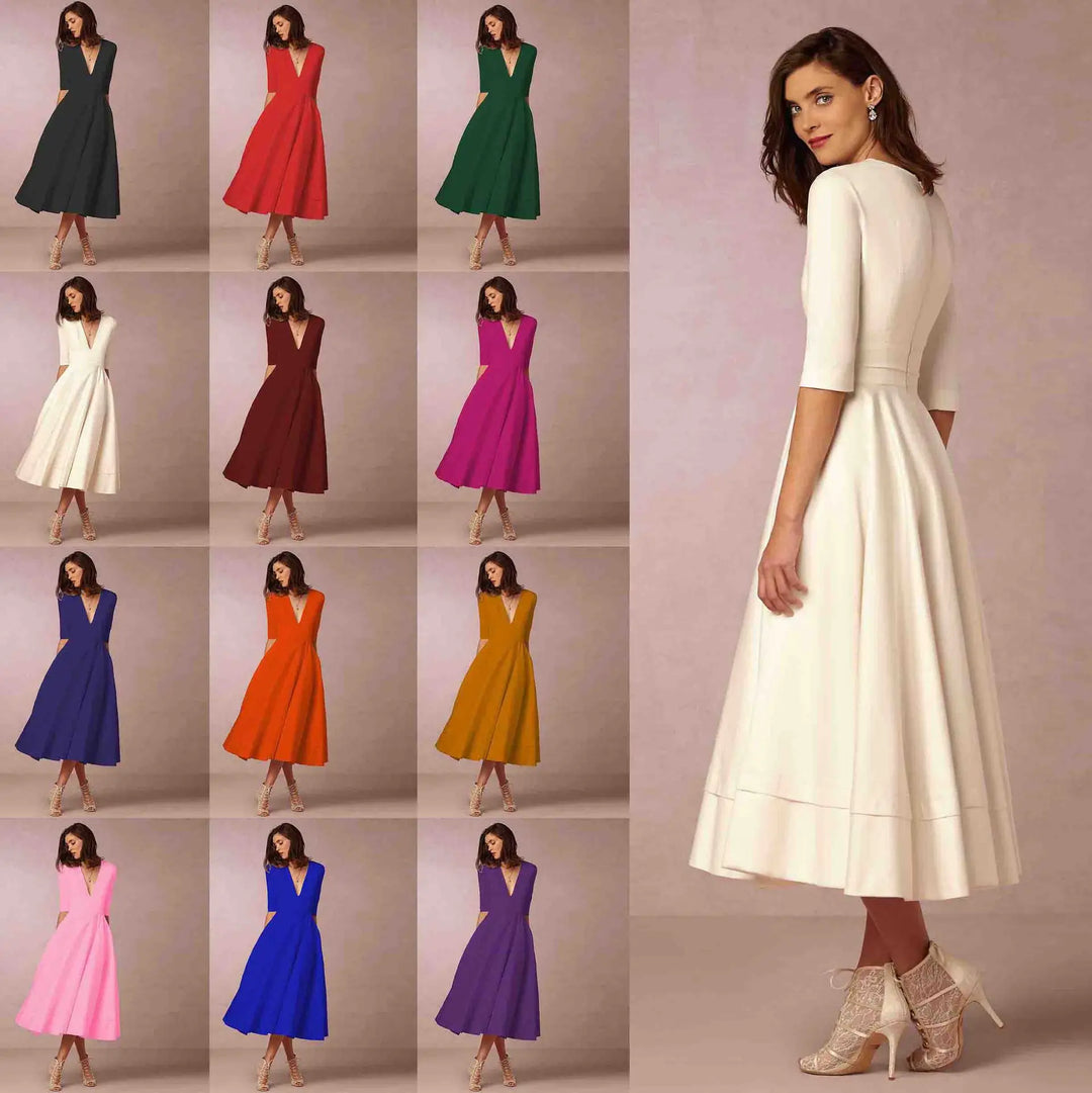 Robe cintrée midi, mode femme, col rond, longueur midi, parfaite pour un look féminin et moderne.