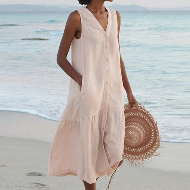 Robe midi d'été ample boutonnée pour femme. Col V, sans manches, style décontracté bohème chic.
