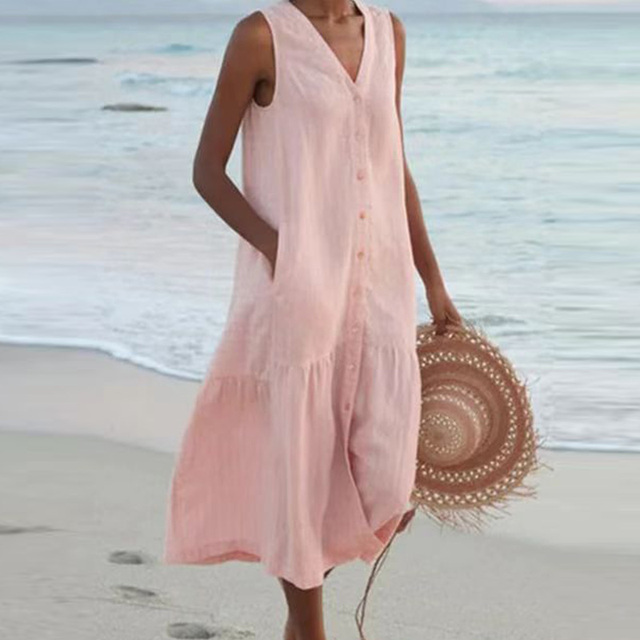 Robe d'été midi ample pour femme avec col V et boutons. Vêtement confortable et tendance pour l'été.