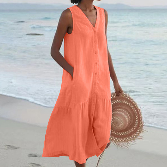 Robe midi d'été fluide et décontractée pour femme. Col V, boutonnée. Idéale pour un look estival stylé.