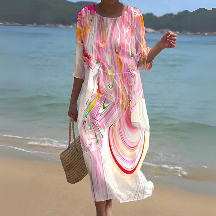 "Robe midi d'été Colette, vue frontale, élégante et confortable, en blanc pour un style naturel et léger"