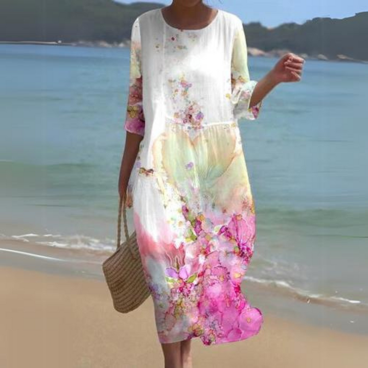 "Robe midi d'été Colette, vue frontale, élégante et confortable, en blanc pour un style naturel et léger"