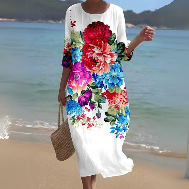 "Robe midi d'été Colette, vue frontale, élégante et confortable, en blanc pour un style naturel et léger"