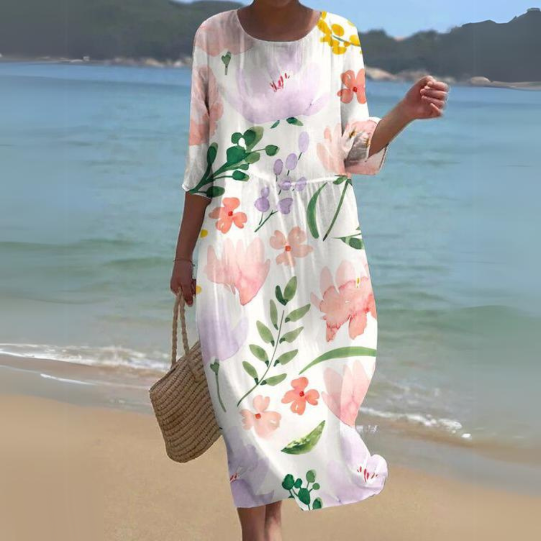 "Robe midi d'été Colette, vue frontale, élégante et confortable, en blanc pour un style naturel et léger"