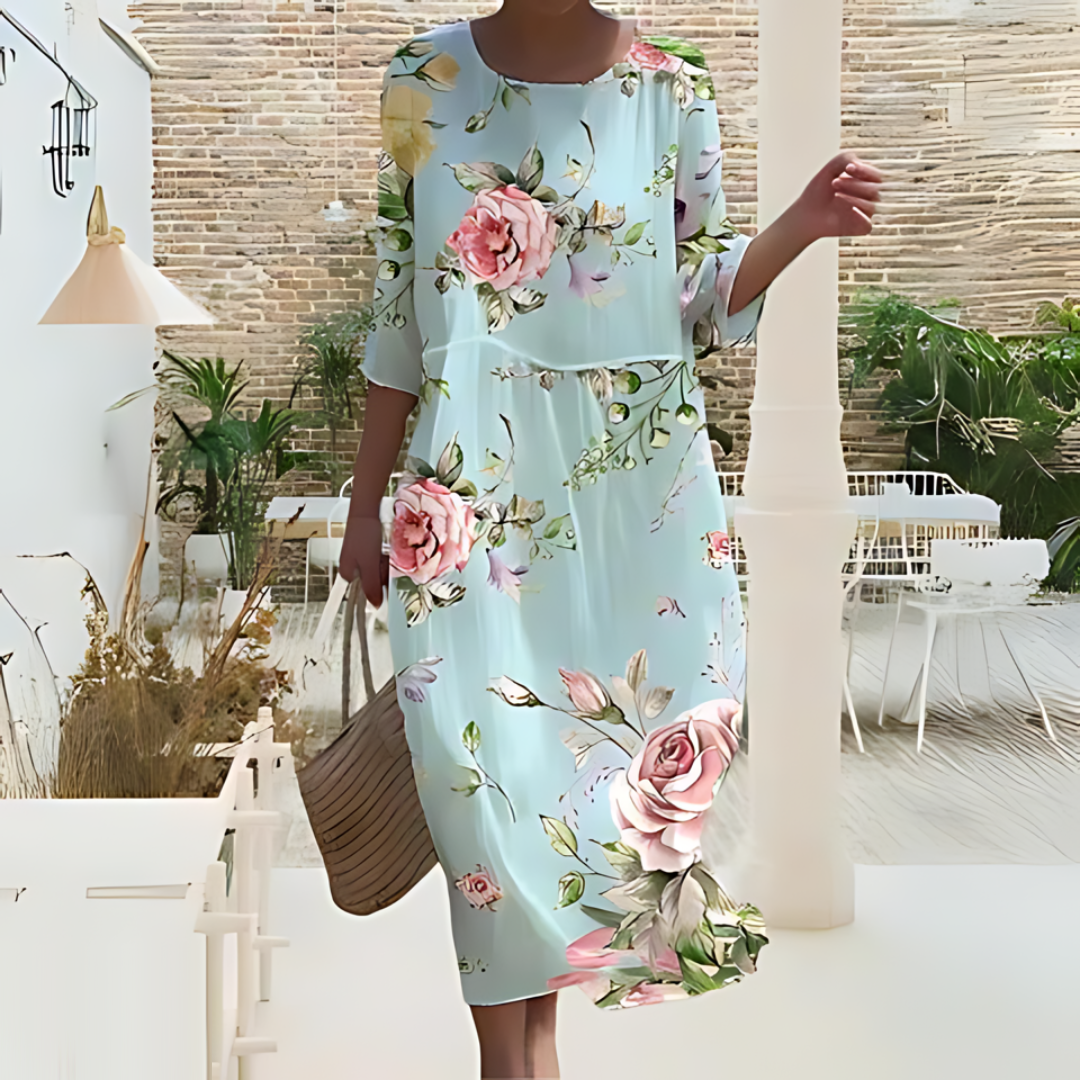 "Robe midi d'été Colette, vue frontale, élégante et confortable, en blanc pour un style naturel et léger"