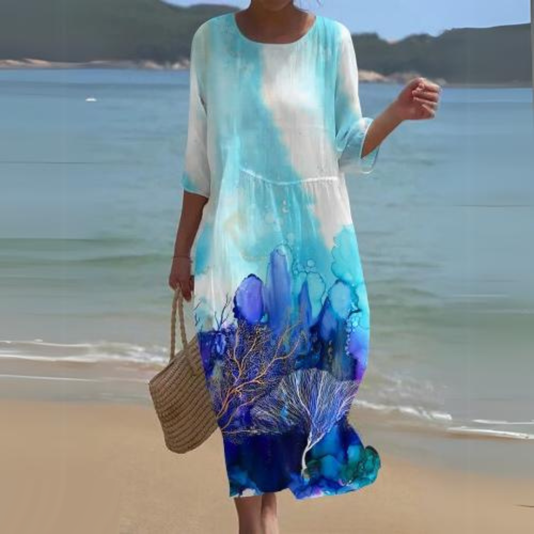 "Robe midi d'été Colette, vue frontale, élégante et confortable, en blanc pour un style naturel et léger"