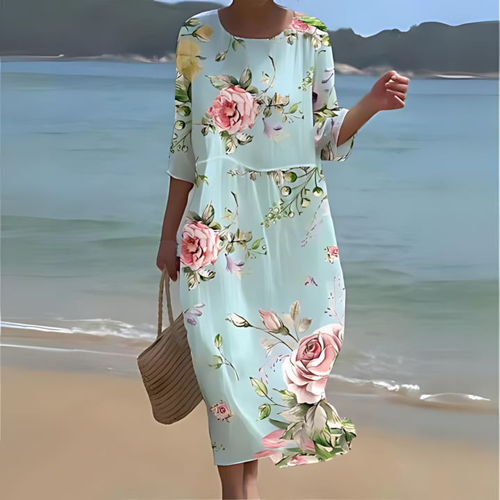 "Robe midi d'été Colette, vue frontale, élégante et confortable, en blanc pour un style naturel et léger"