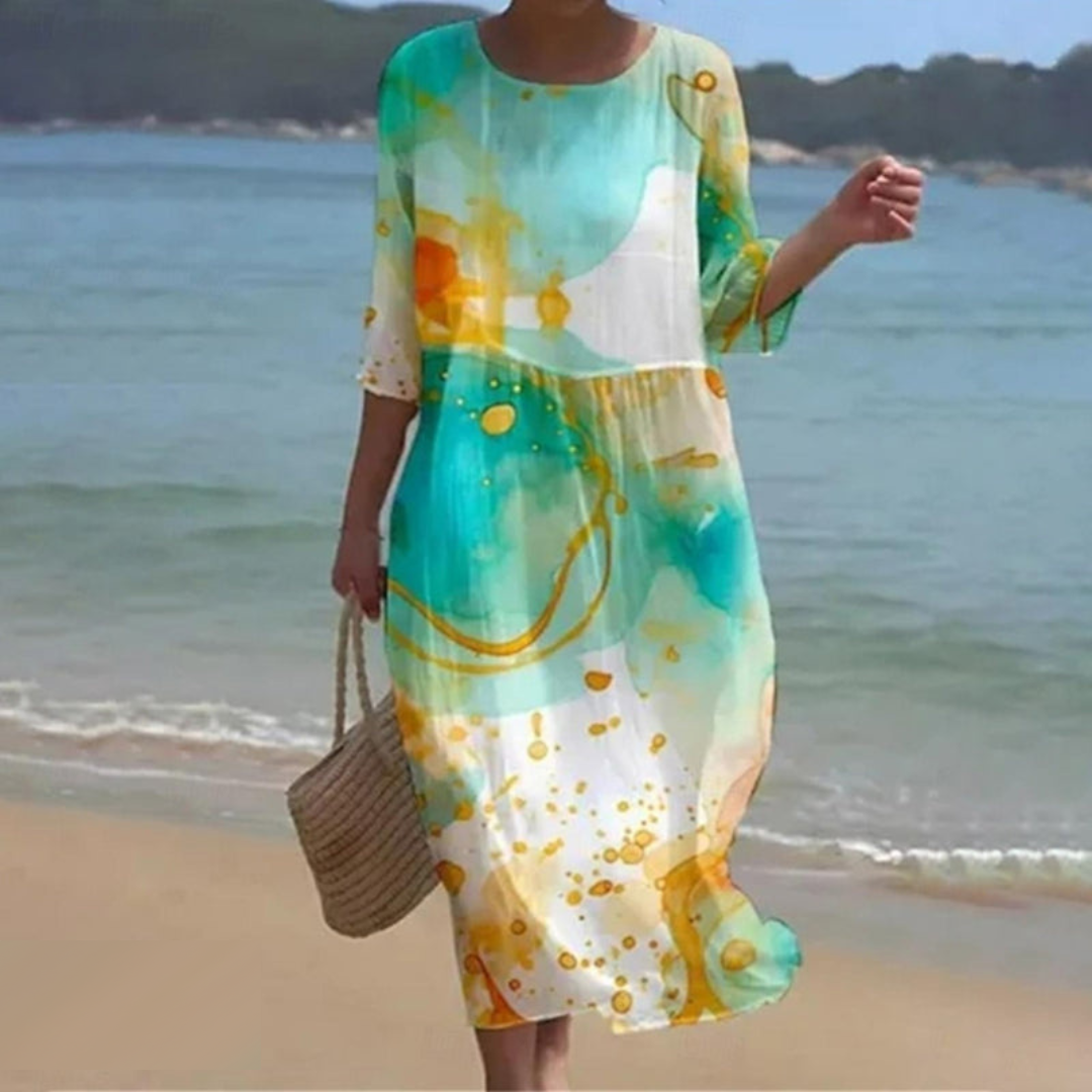 "Robe midi d'été Colette, vue frontale, élégante et confortable, en blanc pour un style naturel et léger"