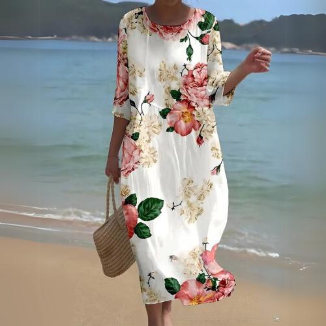 "Robe midi d'été Colette, vue frontale, élégante et confortable, en blanc pour un style naturel et léger"
