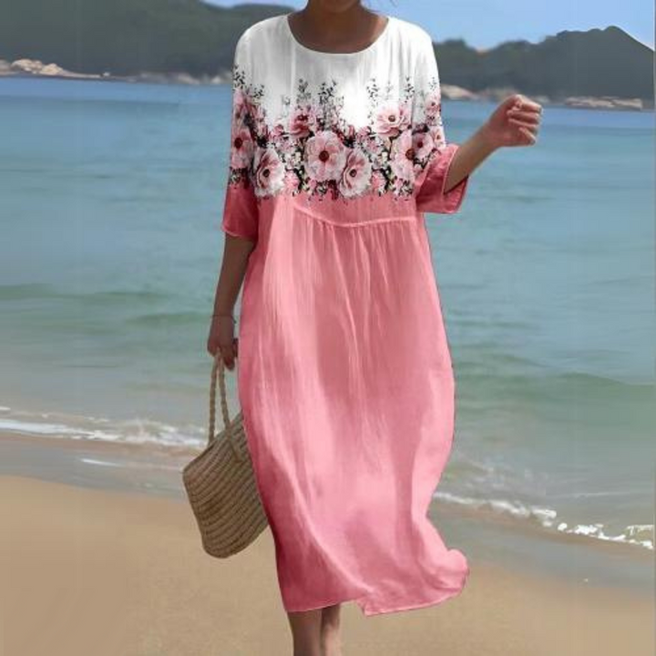 "Robe midi d'été Colette, vue frontale, élégante et confortable, en blanc pour un style naturel et léger"