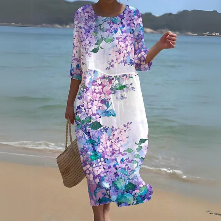 "Robe midi d'été Colette, vue frontale, élégante et confortable, en blanc pour un style naturel et léger"