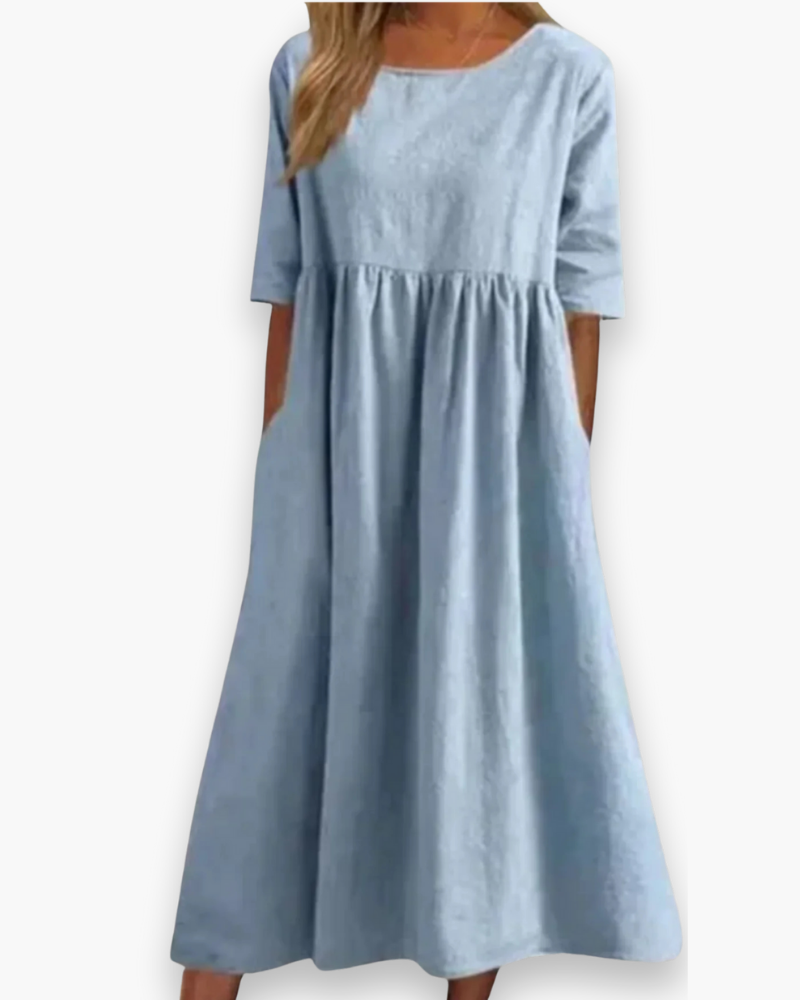 Robe midi élégante femme, blanche, style décontracté avec poches et tissu léger, parfaite toutes occasions.