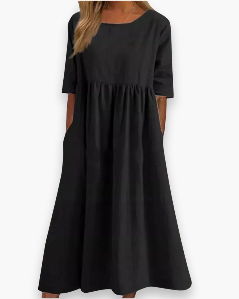 Robe midi élégante femme, blanche, style décontracté avec poches et tissu léger, parfaite toutes occasions.