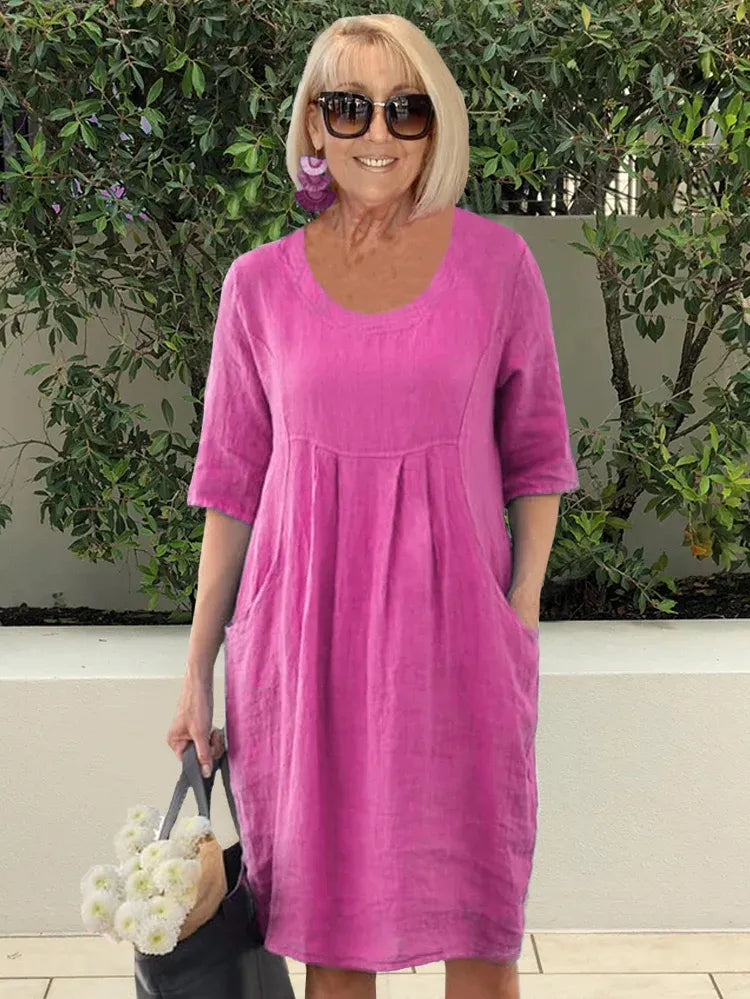 Robe midi été en coton lin, coupe ample, poches. Style décontracté et léger.