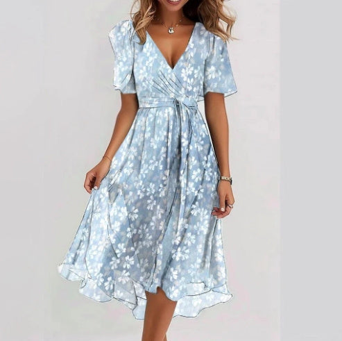 Robe midi femme été, col V, fluide, imprimé floral.  Tissu chiffon léger, coupe cintrée.