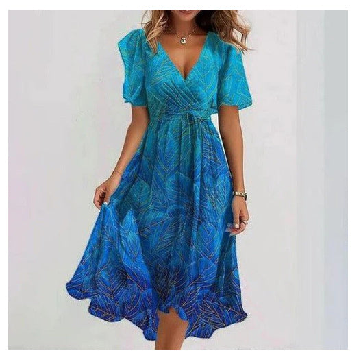 Robe midi femme été, col V, fluide, imprimé floral.  Tissu chiffon léger, coupe cintrée.