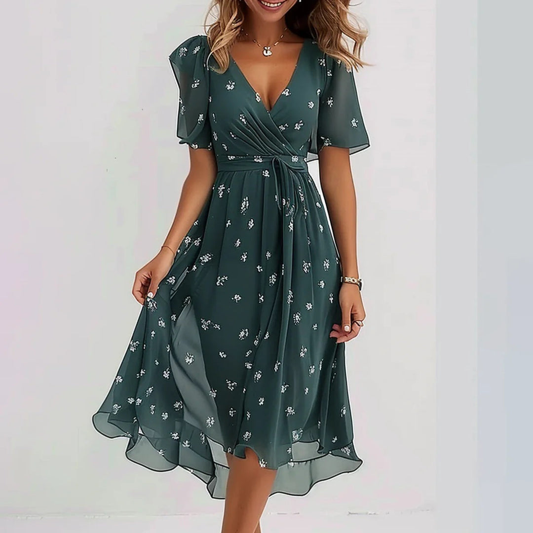 Robe midi femme été, col V, fluide, imprimé floral.  Tissu chiffon léger, coupe cintrée.