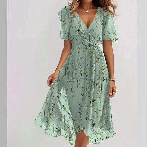 Robe midi femme été, col V, fluide, imprimé floral.  Tissu chiffon léger, coupe cintrée.