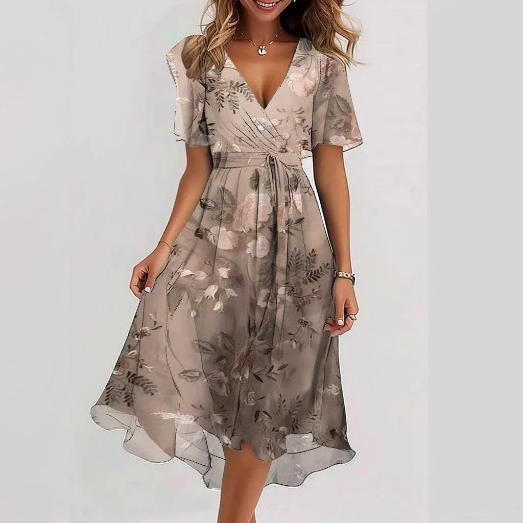 Robe midi femme été, col V, fluide, imprimé floral.  Tissu chiffon léger, coupe cintrée.