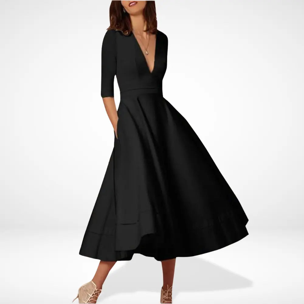 Robe midi femme élégante et fluide à décolleté, parfaite pour soirées et mariages. Vêtement chic.
