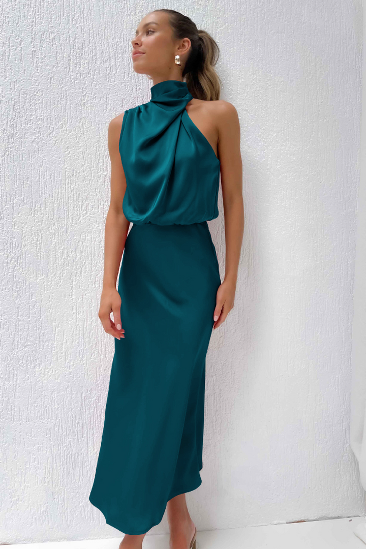 Robe midi polyvalente femme, élégante, col asymétrique, pour cocktail, soirée et événements.