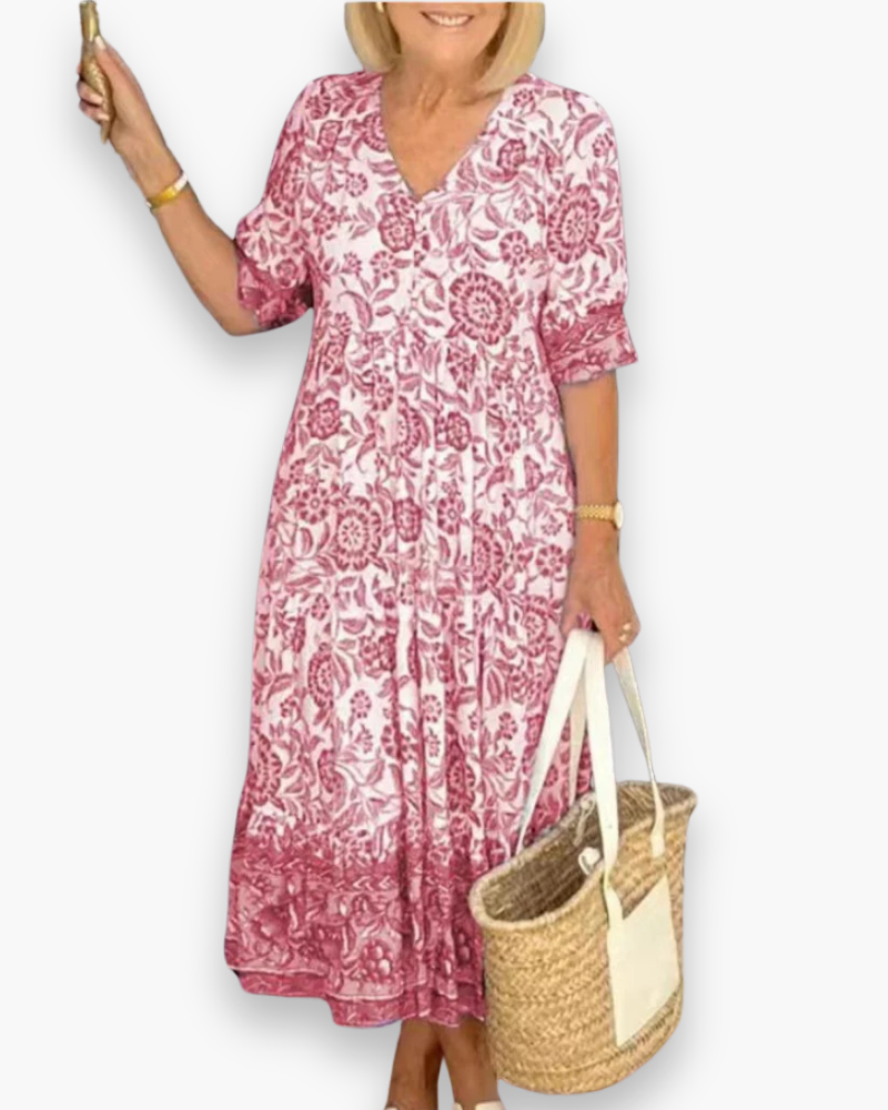 "Robe midi fleurie élégante femme, col en V, motif floral, coupe fluide, style estival, idéale pour journées ensoleillées."