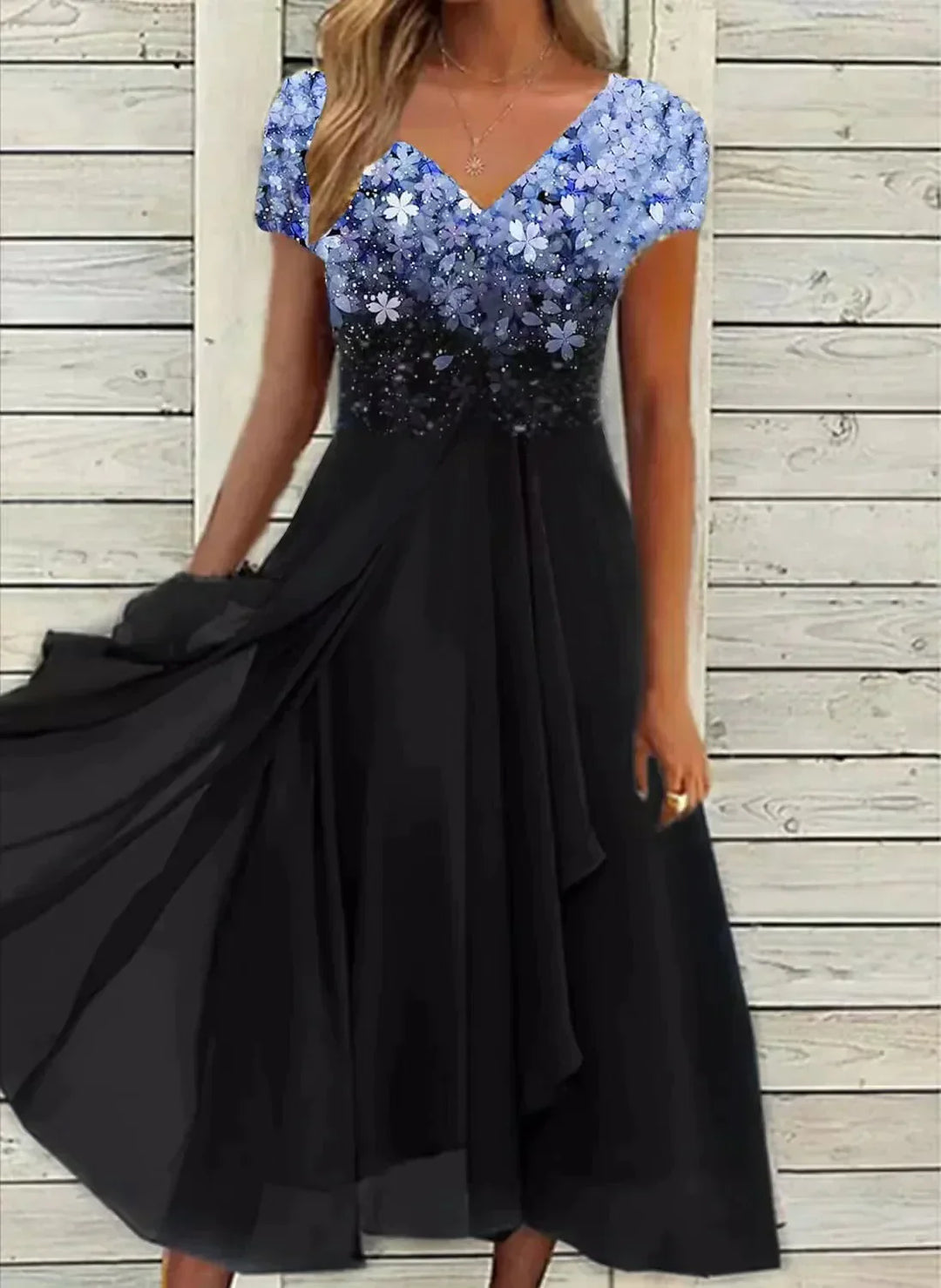 Robe midi fleurie élégante pour femme, parfaite pour une soirée ou cérémonie printanière et estivale.