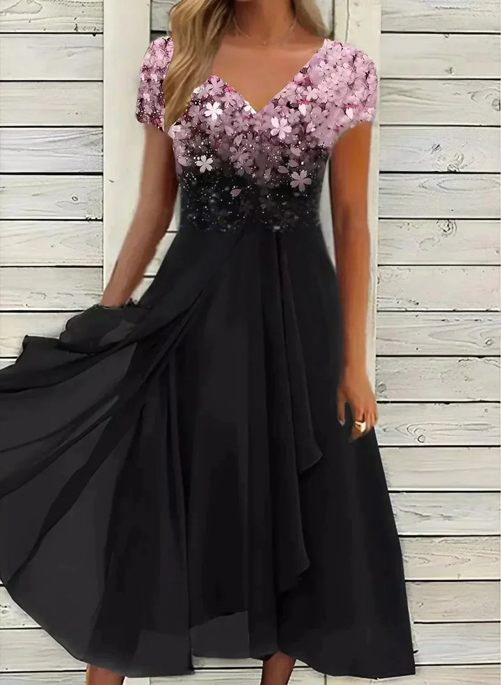 Sublime robe de soirée midi fleurie chic, idéale pour femmes lors d'occasions spéciales ou un événement d'été.