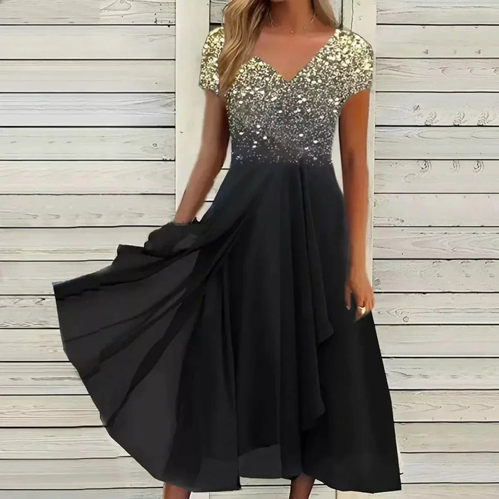 Robe femme élégante style romantique, motif fleuri midi, parfaite pour cérémonies ou soirées printemps-été.