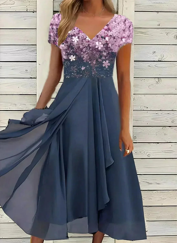 Robe de cérémonie midi fleurie pour femme, un choix élégant et chic pour toute occasion spéciale ou formelle.